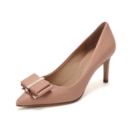 Ferragamo Womens ZERI Series Pointed Toe High Heels with Double Bow 7cm Heel Fashionable Casual Leat