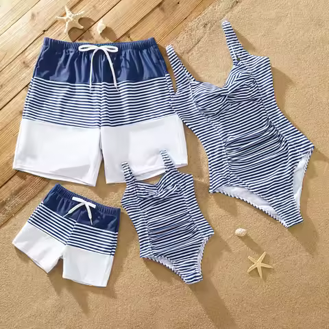 PatPat Family Matching Stripe Swim Trunks or One-piece Strap Swimsuit