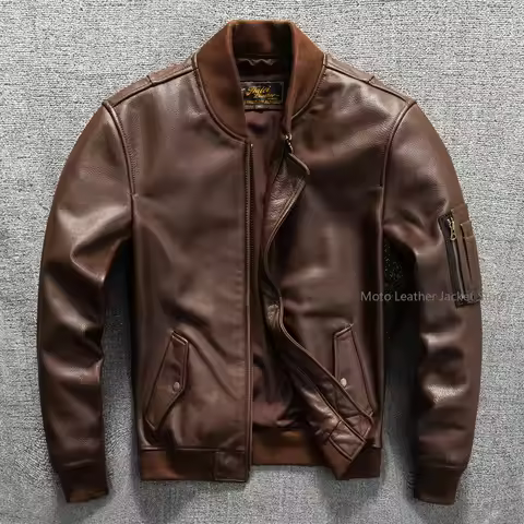 Men's Highway Patrol Style Genuine Cowhide Leather Jacket, Vintage A2 Flight Bomber Coat, Slim Fit S
