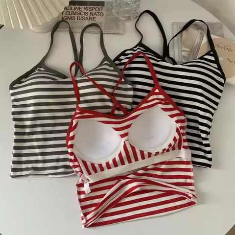 Korea Style Colorblock Striped Camisole Female Summer Cross Strap Built In Bra Omighty Camis Women S