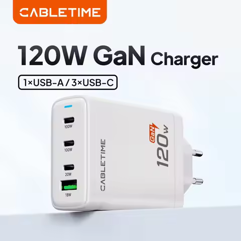 CABLETIME 4 IN 1 120W GaN Charger 120W Max Fast Charge 3 USB C With1 USB A Port Fewer Heat for Lapto