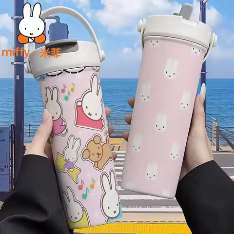 Miffy Rabbit Handheld Thermos Dual Drink Straw Cup Large Capacity Mug Portable Coffee Tea Bottle Dri