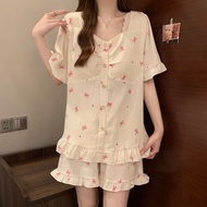 Zebina dễ thương Bộ đồ pijamas mùa hè thiết lập cho phụ nữ với in hình nơ và Ruffle HEM
