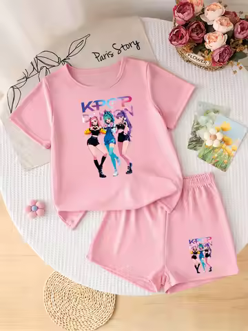Kids Girls 2-Piece K-POP Idol Print Short Sleeve Tee & Shorts Set Casual Summer Outfit