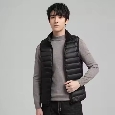 Men's Down Vest Thin White Duck Down Warm Horse Clip Solid Color Stand Collar Vest Down Jacket