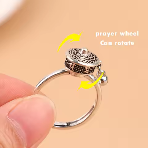 Vintage Silver Plated Buddhist Rings Tibetan Prayer Wheel Rings Om Mantra 7 Chakra Rings Good Luck R