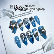 Nailbox Fu2Q - Short Pointed Fake Nails, Summer Beach, Blue Ombre Mixed Starfish Yellow
