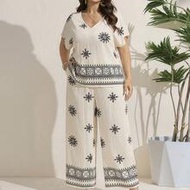 2pcs/Set Plus Size Short Sleeve V-Neck T-Shirt And Pants Elegant Women Minimalist And Fashionable Fo