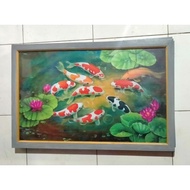 Hiasan Dinding Lukisan Cetak Ikan Koi Dikolam Plus Bingkai Ukuran