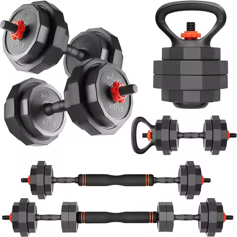 AmStaff 3in1 Adjustable Dumbbell Kettlebell Barbell Set 243lbs 12 Weight Levels Compact Multifunctio