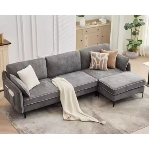 110" Sectionl Sof, L Shped Sof with Movble Ottomn, Chenille Fbric 3 Set Modern Couches for Living Ro