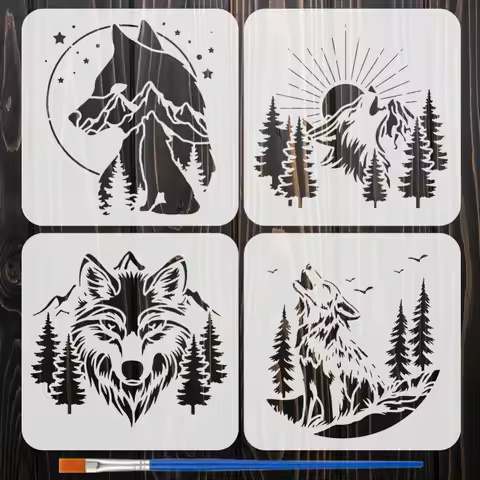 4Pcs Wolf Mountains Forest Painting Stencil with Brush 7.9x7.9 Inch 4 Styles Forest Animal Stencil R