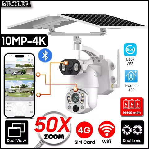 4K 50X Optical Zoom Dual Screen Security Solar Camera 4G Wireless Outdoor Surveillance WiFi PTZ Moti
