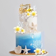 21PCS Hawaiian Beach Cake Decorations with Starfish Artificial Plumeria Flower for Hawaii Aloha Summ
