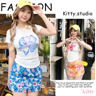 Kitty Crop Top Set Short Skirt Round Neck Straight Hem Printed Pattern Student Girl Style Wear It An