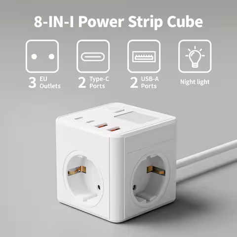 1 EU 8-in-1 power socket, with 1.5-meter extension cord power board, 3 AC sockets & 2 USB & 2 Type-C