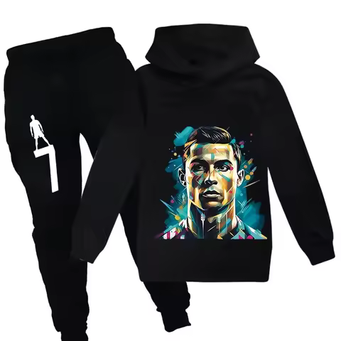 Spring Autumn Boy 3-12 Year Football CR7 Tracksuit Kid Hooded Hoodie +Pants Suit 2pcs Set Children I