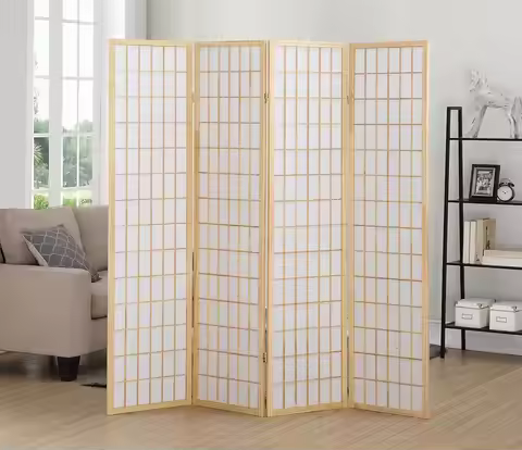 4 Panel Room Divider Screen with Fiberglass Rice Paper, Japanese Shoji Style Folding Privacy Screen 