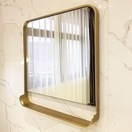 WZZQZR Metal Frame Wall Mirror, with Shelf, Hanging Vanity Mirror, Silver Mirror for Living Room and Bathroom - Golden/Black,Bathroom Wall Mirror (Color : Golden, Size : 70x70cm)