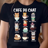 Kawaii Cafe du Chat Cat T-Shirt Cute With Coffee Lover Print Cotton Fancy Shirt Unisex