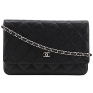 香奈兒經典鏈條皮夾絎縫長皮夾單肩包 A33814 魚子醬紋皮革黑色按扣經典女士款 [二手]