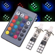 TIMEKEY 2Pcs Colorful H1 5050 12SMD RGB LED Car Headlight Fog Light Lamp With Remote Control D1Y7