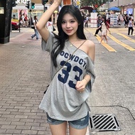 Gray T-Shirt For Women Off-Shoulder Design Loose Fit Korean Style Letter Print Shirt Large Size FZ02