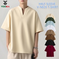 YOOKA Baju Lelaki  Men's Fashion V-neck Half Sleeved T-Shirt Korean Loose Solid Color Tshirt Kemeja-
