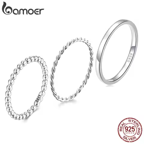 BAMOER Solid 925 Sterling Silver Eternity Bead Wedding Band Ring, Minimalist Thin Chic Statement Ban