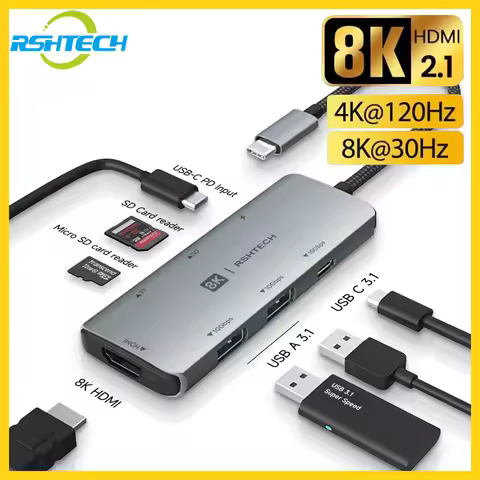 RSHTECH 8K USB C HUB 4K HDMI Dongle Adapter 10Gbps USB Data Ports 100W Power Delivery SD/TF Card Rea