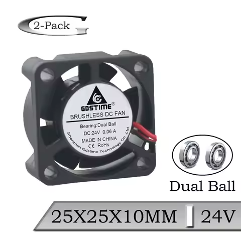 2Piece Gdstime DC 24V 25mm Ball Bearing 2Pin Mini Cooler Fan 25x25x10mm 2510 Brushless Cooling Fan