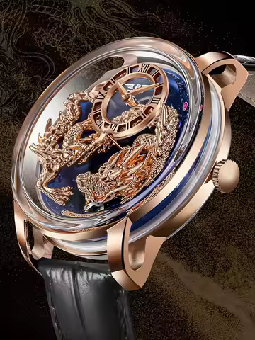 PINDU Men's mechanical watch top brand luxury dragon watch waterproof leather strap