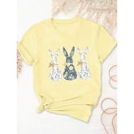 2025 NEW Easter Bunny Bow Print Women's Casual T-shirt - Bright yello FU2D