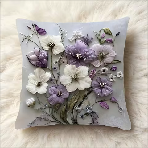 2D Purple White Flower Pillow Cover 2D Printed Floral Soft Throw Pillow Case for Spring Home Sofa Be