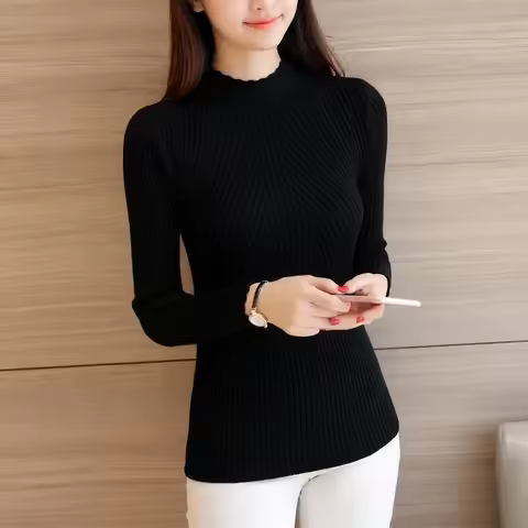 Stylish Ruffles Trim Mock Neck Sweater Solid Color Long Sleeve Rib Knit Top Pullover Sweater For Wom