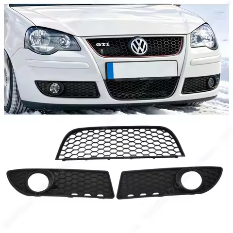 3Pcs Matte Black Car Fog Light Cover Bumper Center Grille For VW POLO MK4 9N3 2006-2009 GTI Honeycom