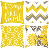 Linen Cushion Cover Yellow Geometric Flower "Sweet Home" Pattern Pillow Case 40x40/45x45/50x50cm Hom