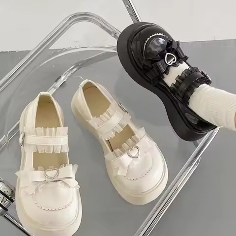 Japanese Kawaii Lolita Shoes JK Uniform Pumpd Mary Janes Dress Cosplay Heel Beige Black Loafers Plat