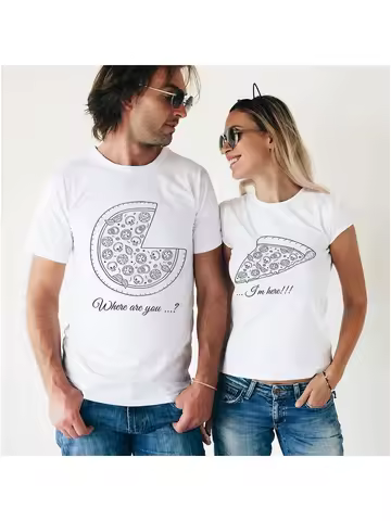 Couple T-shirts Set "PIZZA" Set of 2 Couple T-shirts Love Romantic Matching Tee Tops Clothes His and