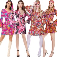 Women Hippie Costume 70's Peace Love Dress Adult Retro Disco Printed Long Sleeve Dress With Headband Halloween Party Cosplay Dress