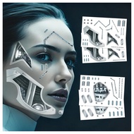 4×Tatu Sementara Cyborg Death Metal，Tatu Muka Kostum Cyberpunk, Tatu Muka Halloween Kostum Robot, Cy