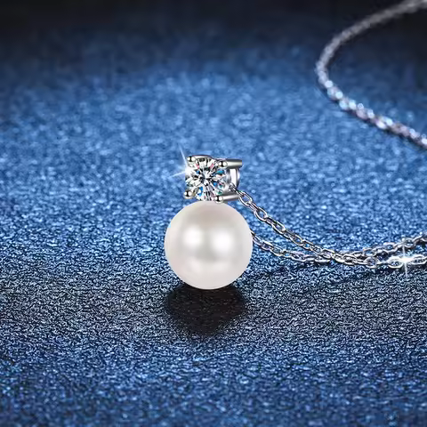 Natural Pearl 0.3 Carat Real Moissanite Pendant Necklace for Women 925 Sterling Silver Wedding Party