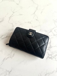 Chanel黑銀扣魚子醬皮革中夾 錢包 皮夾 卡片 零錢包 中古包 二手