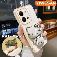 YIWESAN เคสสำหรับ Vivo V25 5G V25 Pro 5G V25E X80 Lite S15 Pro 5G เคสการ์ตูนแฟชั่น Hello Kitty เคสโทรศัพท์พับเป็นขาตั้งได้กระจกหมุนได้เคสดีไซน์ใหม่กันกระแทกกล้องฝาปิดเลนส์เต็มตัวป้องกันการกระแทก