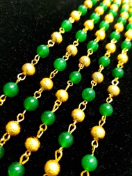 24K Emas Sadur Rantai Bead Jed Hijau Asli &amp; Gelang Tangan Bead Jed Hijau Asli Set/24K Gold Plated Green Jade Bead Necklace &amp; Bracelet Set