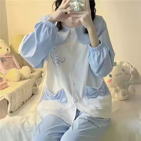 Sanrio Cinnamoroll Women Sleeping Pajama Set Kawaii Cartoon Autumn Sleepwear Long Sleeve Pant Nightw