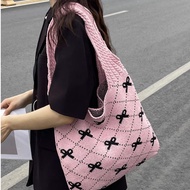 Korea Style Bow Printed Knitted Bag Large Capacity Crochet Tote Bag Women Commuter Woven Shoulder Ba