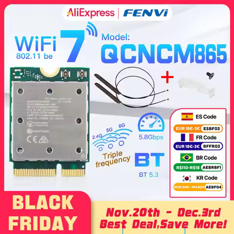 fenvi Wifi 7 QCNCM865 M.2 Network Card Bluetooth 5.3 up to 5.8Gbps Better than Wifi 6E Wlan Wireless