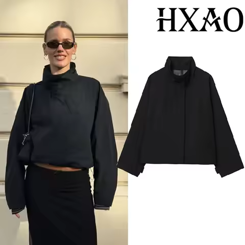 HXAO Woman Windbreak Jacket Long Sleeve Cropped Outdoor Black Jacket Demi-Season Zip Up Trench Coat 