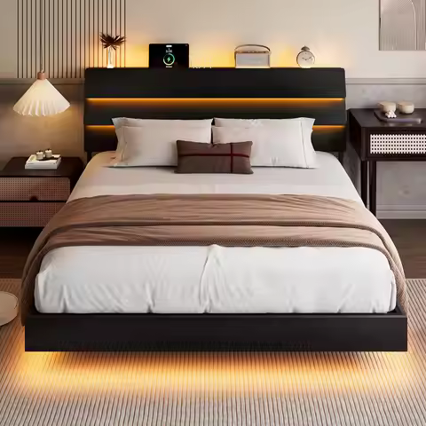 Floating Bed Frame King with Led Lights & Charging Station, King Size Platform Bed Frame w/Storage H
